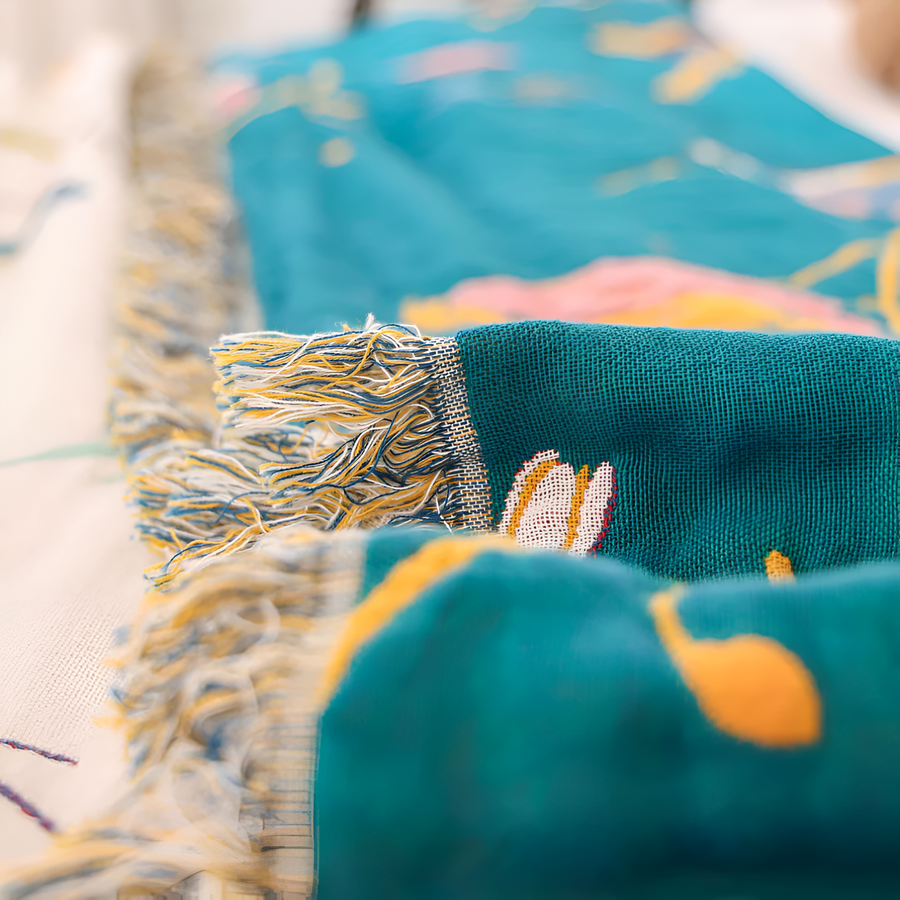 Cotton Blanket with Whimsical Bird Tassels-Bedding & Bath > Blankets-casanuva-casanuva