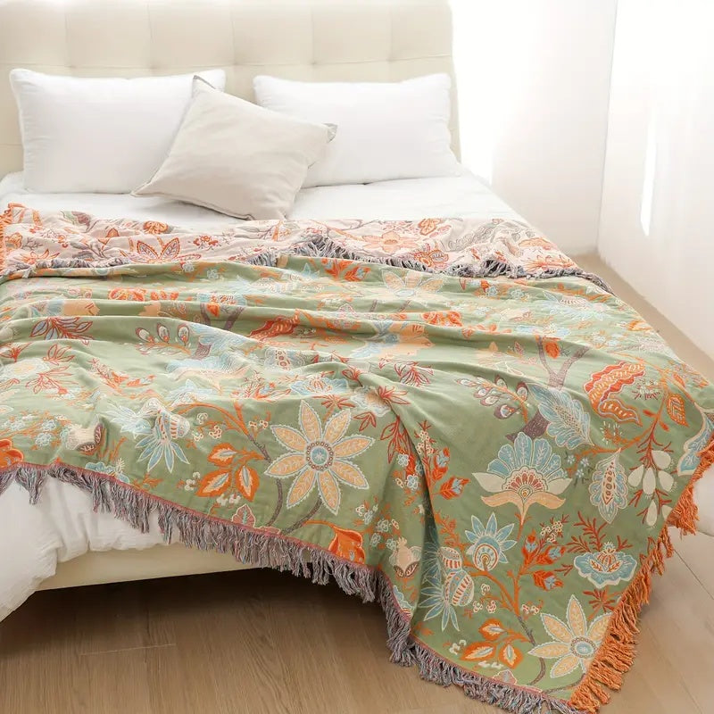 Cotton Floral Boho Blanket in Rustic Design-Bedding & Bath > Blankets-casanuva-casanuva