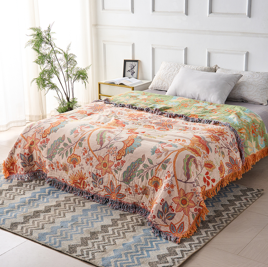 Cotton Floral Boho Blanket in Rustic Design-Bedding & Bath > Blankets-casanuva-casanuva