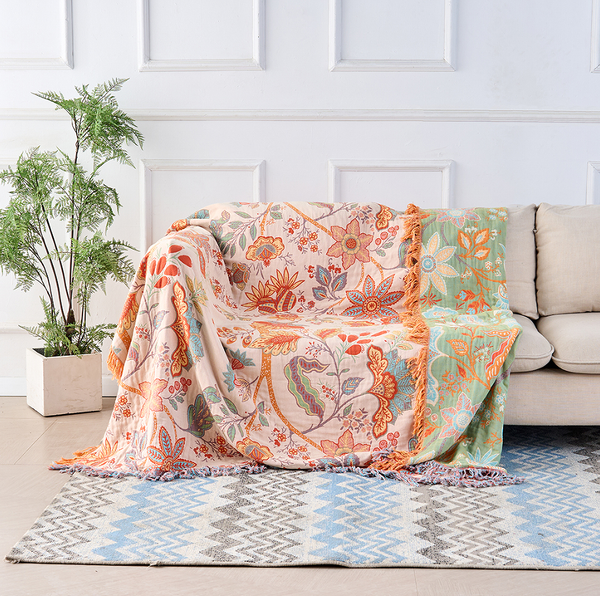 Cotton Floral Boho Blanket in Rustic Design-Bedding & Bath > Blankets-casanuva-91"x98"-casanuva