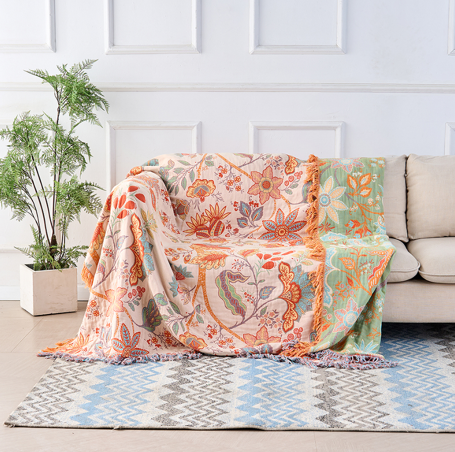 Cotton Floral Boho Blanket in Rustic Design-Bedding & Bath > Blankets-casanuva-91"x98"-casanuva