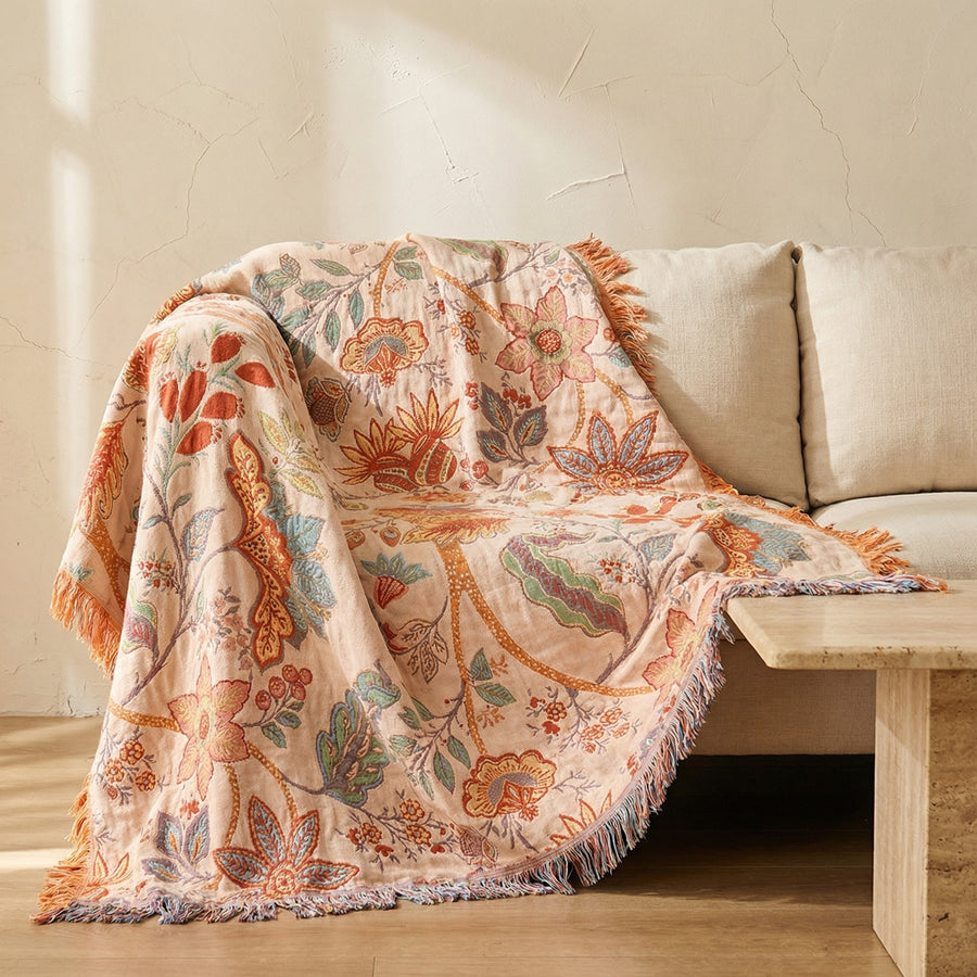 Cotton Floral Boho Blanket in Rustic Design-Bedding & Bath > Blankets-casanuva-casanuva