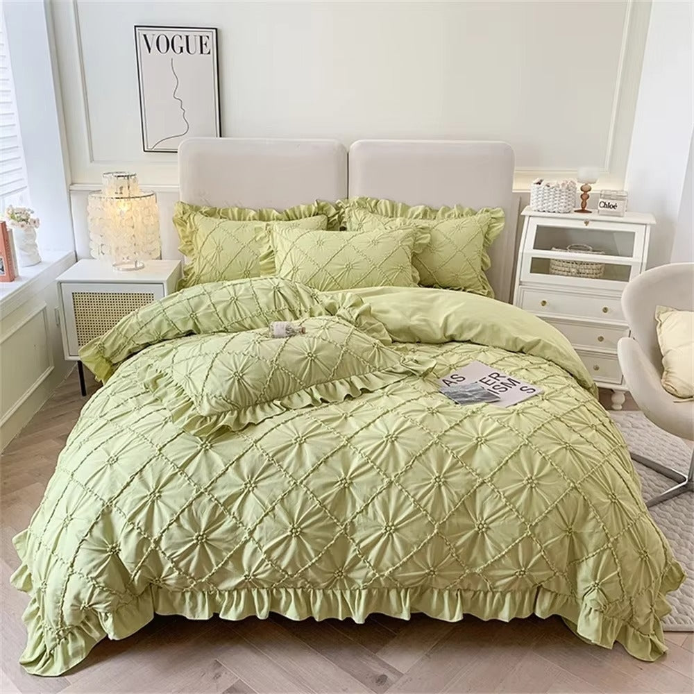 Cotton Plush Ruffle Bedding Set 4 Pieces-Bedding & Bath > Bedding Sets-casanuva-Green-California King-casanuva