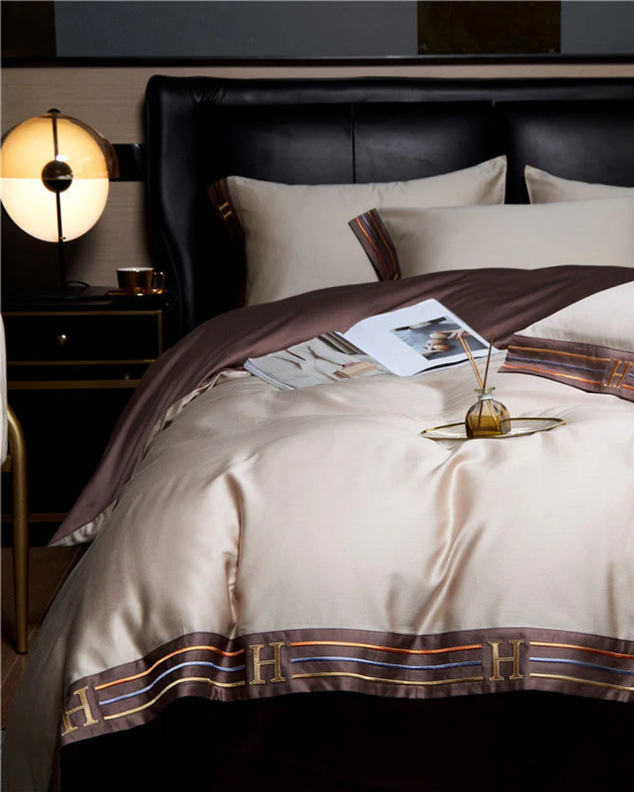 Cotton Satin Bed Linen Set with Embroidery 4-Piece-Bedding & Bath > Bedding Sets-casanuva-Beige-Single [135 x 200 cm]-40X40 cm-casanuva