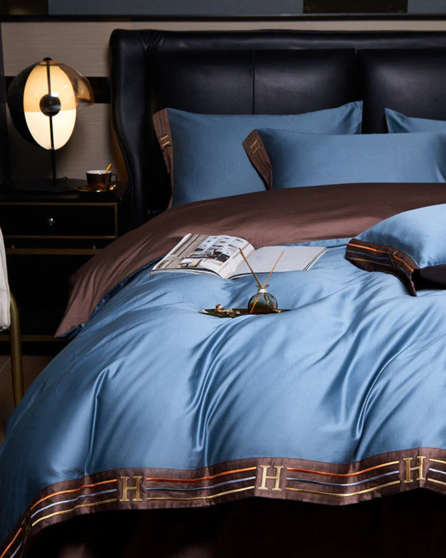 Cotton Satin Bed Linen Set with Embroidery 4-Piece-Bedding & Bath > Bedding Sets-casanuva-Blue-Single [135 x 200 cm]-40X40 cm-casanuva
