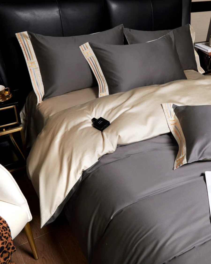 Cotton Satin Bed Linen Set with Embroidery 4-Piece-Bedding & Bath > Bedding Sets-casanuva-Gray-Single [135 x 200 cm]-40X40 cm-casanuva