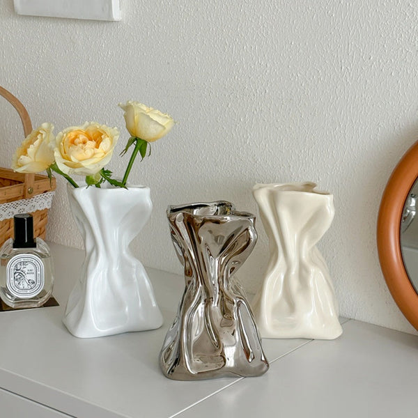 Crumpled Ceramic Vase-Home Decor > Vases-casanuva-3-color set-casanuva