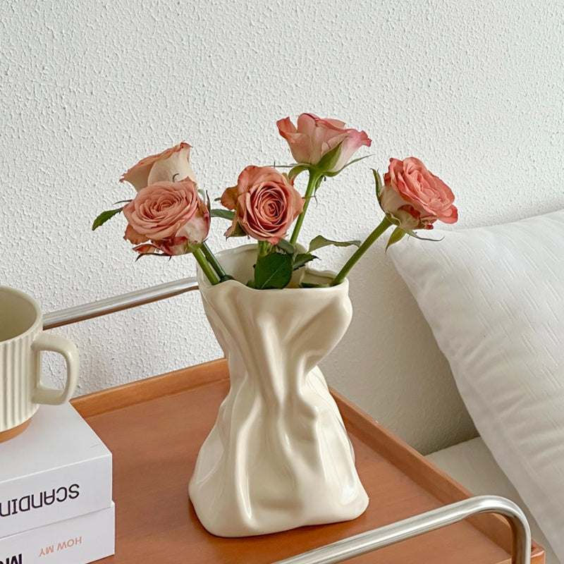 Crumpled Ceramic Vase-Home Decor > Vases-casanuva-Cream-casanuva