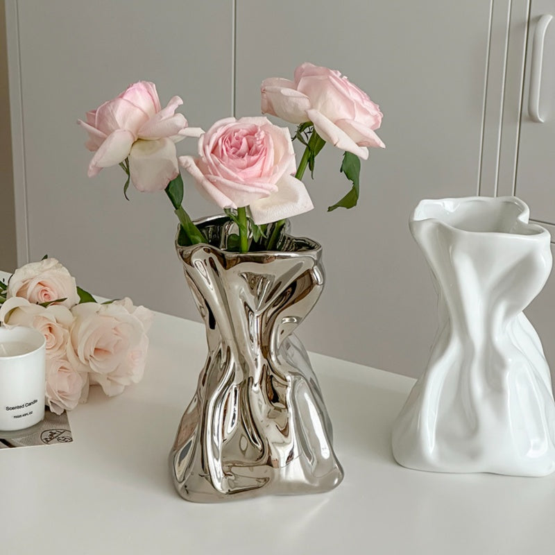 Crumpled Ceramic Vase-Home Decor > Vases-casanuva-Silver-casanuva
