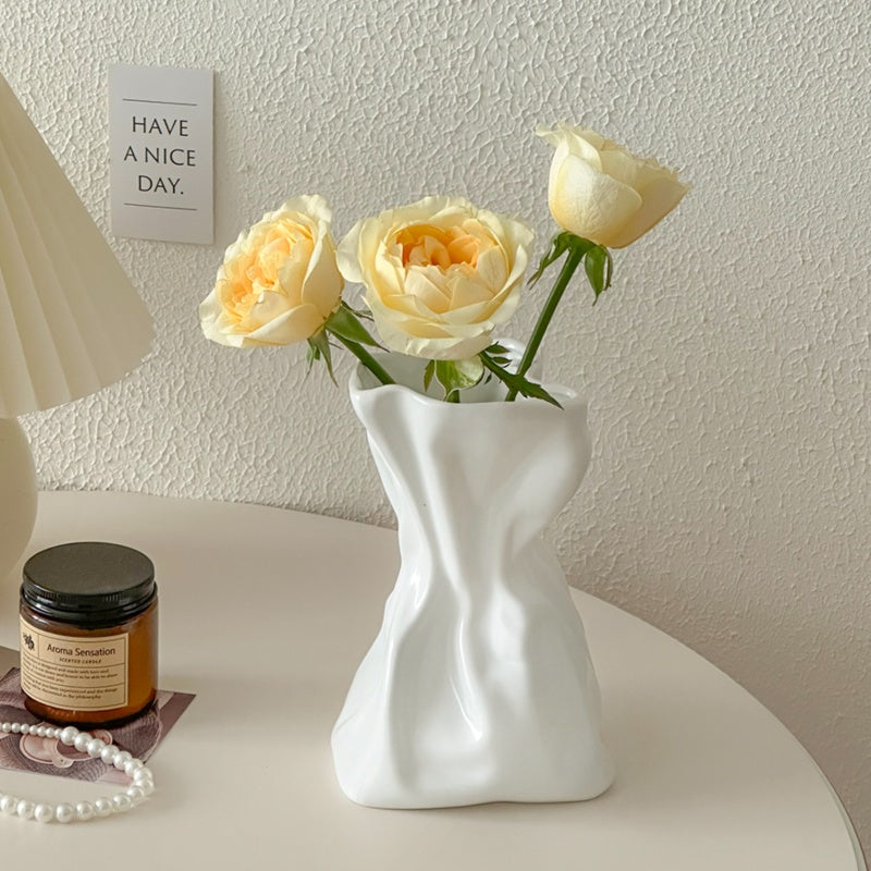 Crumpled Ceramic Vase-Home Decor > Vases-casanuva-White-casanuva