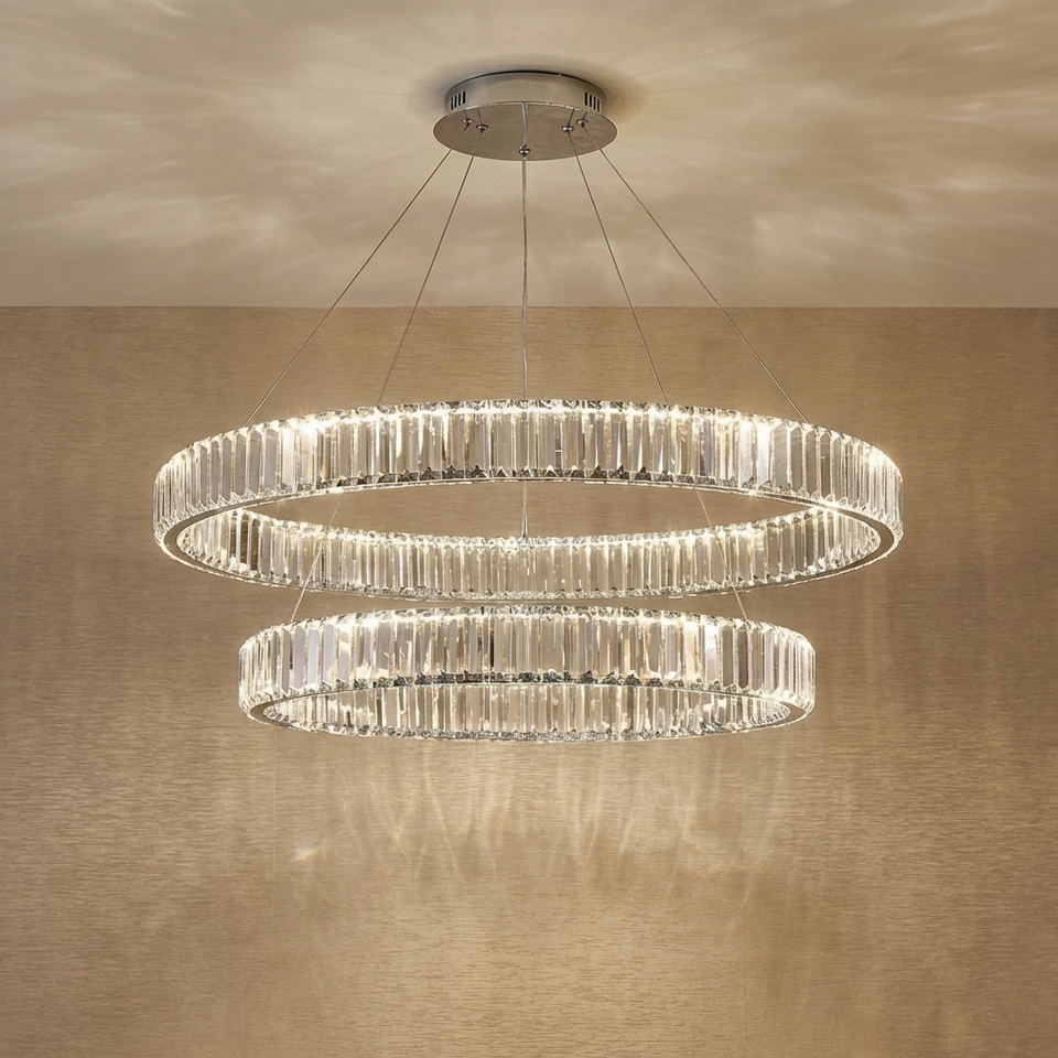 Crystal Circular Hanging Chandelier-Lighting > Chandeliers & Pendant Lights-casanuva-Double - 40cm + 60cm-Chrome-Warm Light-casanuva