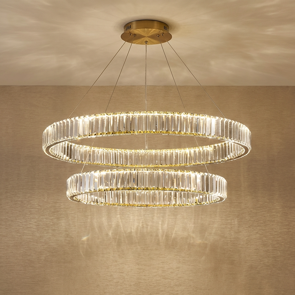 Crystal Circular Hanging Chandelier-Lighting > Chandeliers & Pendant Lights-casanuva-Double - 40cm + 60cm-Gold-Warm Light-casanuva