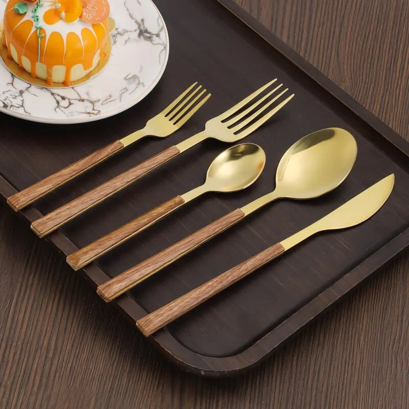 Cutlery Set with Wood-Inspired Handles for Stylish Dining-Kitchen & Dining > Cutlery-casanuva-Gold-Family Set-casanuva