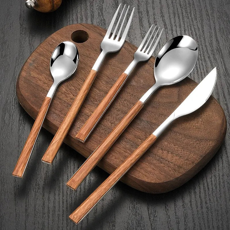 Cutlery Set with Wood-Inspired Handles for Stylish Dining-Kitchen & Dining > Cutlery-casanuva-Silver-Starter Set-casanuva