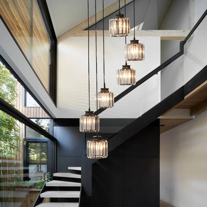 Cylindrical Crystal 6-Light Stairway Chandelier-Lighting > Chandeliers & Pendant Lights-casanuva-Black-6 Light-110V-120V-casanuva