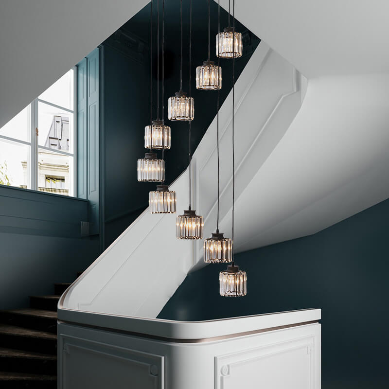 Cylindrical Crystal 6-Light Stairway Chandelier-Lighting > Chandeliers & Pendant Lights-casanuva-Black-9 Light-110V-120V-casanuva