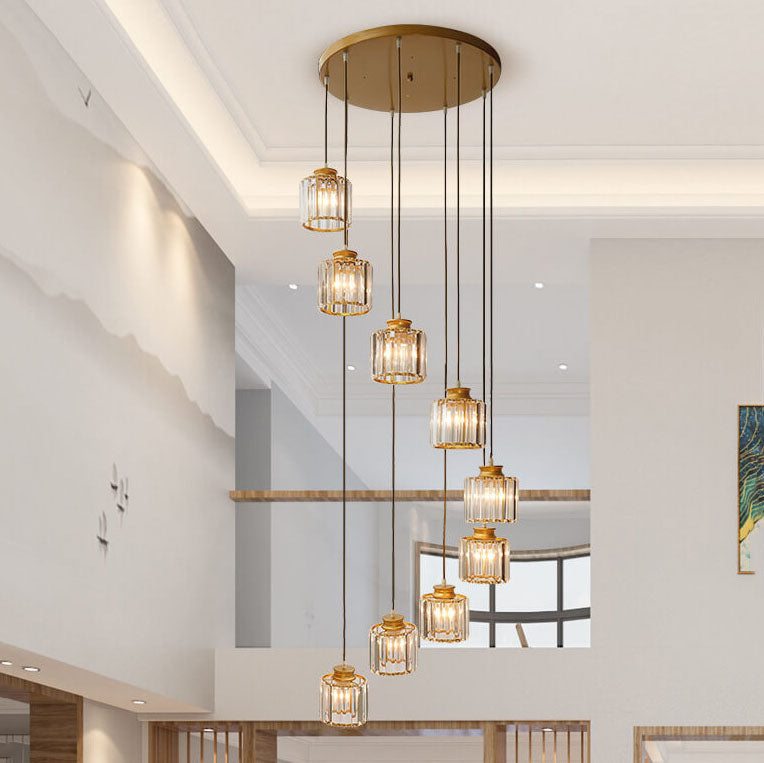 Cylindrical Crystal 6-Light Stairway Chandelier-Lighting > Chandeliers & Pendant Lights-casanuva-Gold-9 Light-110V-120V-casanuva