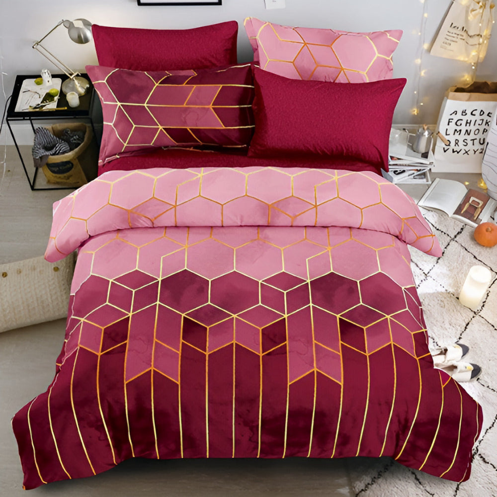 Duvet Cover Set 3 Piece Golden Cosmo Design-Bedding & Bath > Bedding Sets-casanuva-Queen-Crimson Bloom-casanuva