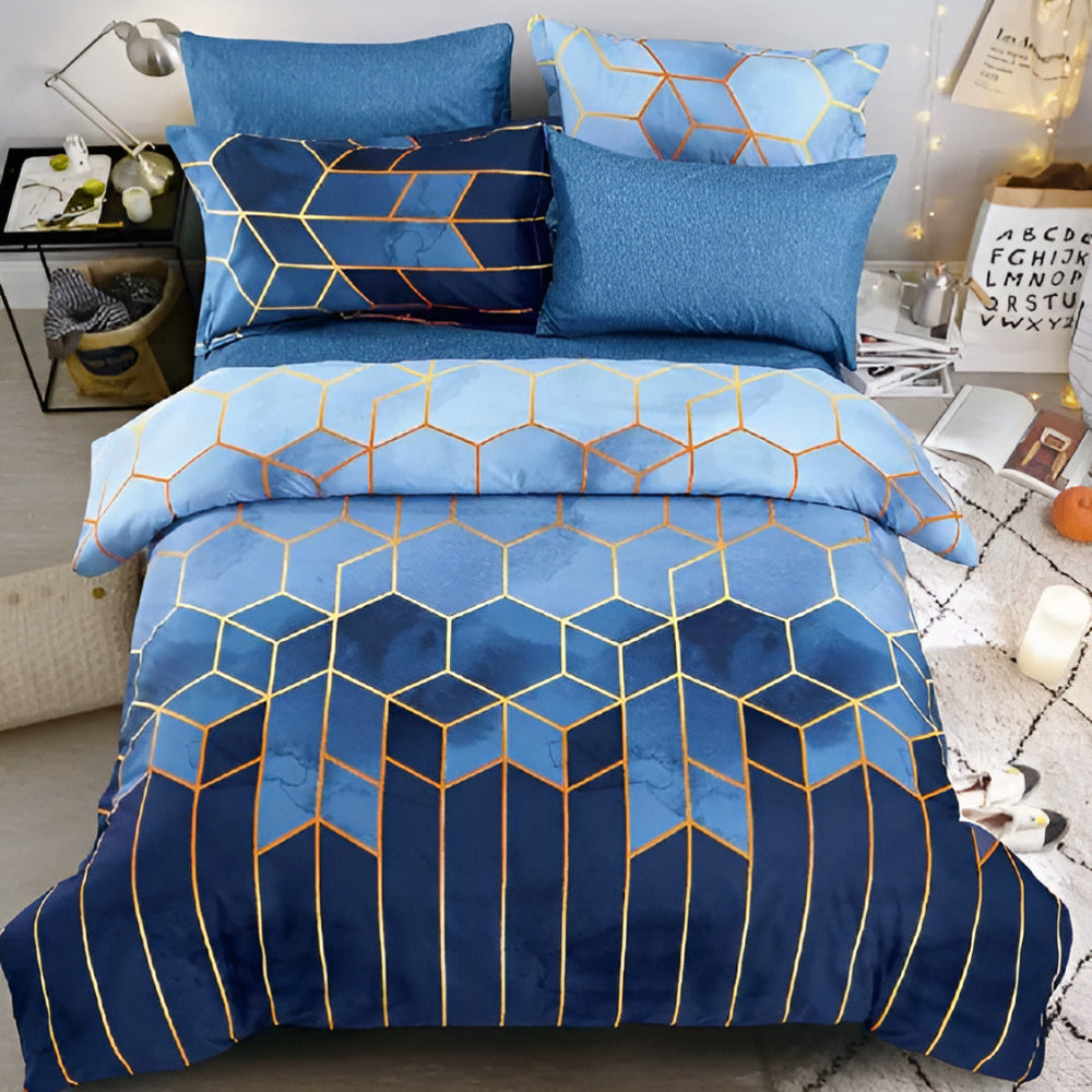 Duvet Cover Set 3 Piece Golden Cosmo Design-Bedding & Bath > Bedding Sets-casanuva-Queen-Midnight Sapphire-casanuva