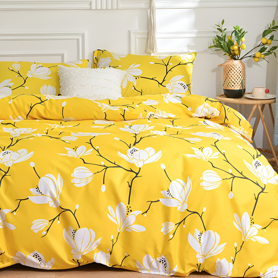 Duvet Cover Set Yellow Blossom 3 Piece-Bedding & Bath > Bedding Sets-casanuva-casanuva