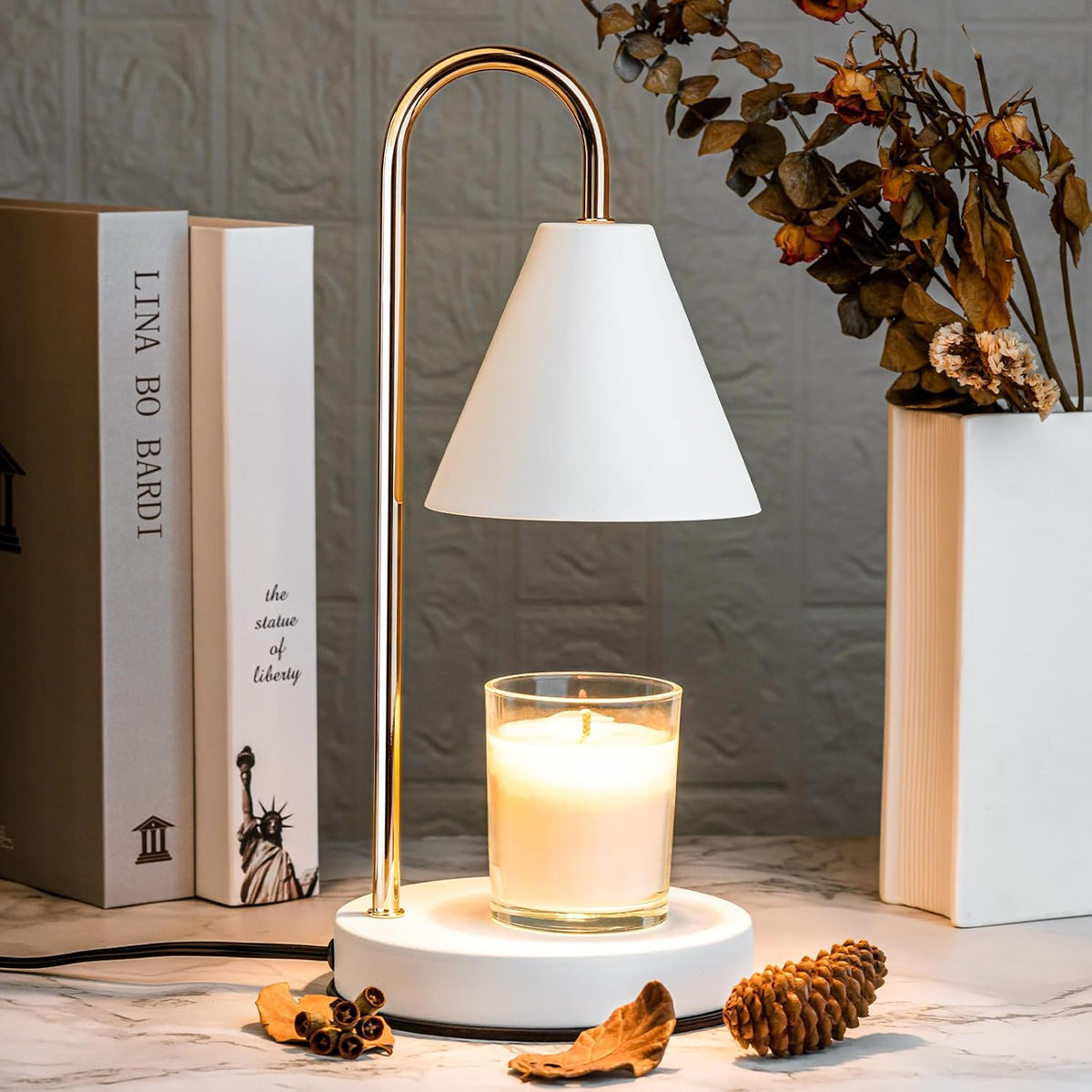 Electric Candle Warmer Table Lamp with Dimmer and Timer-Lighting > Table Lamps-casanuva-White-casanuva