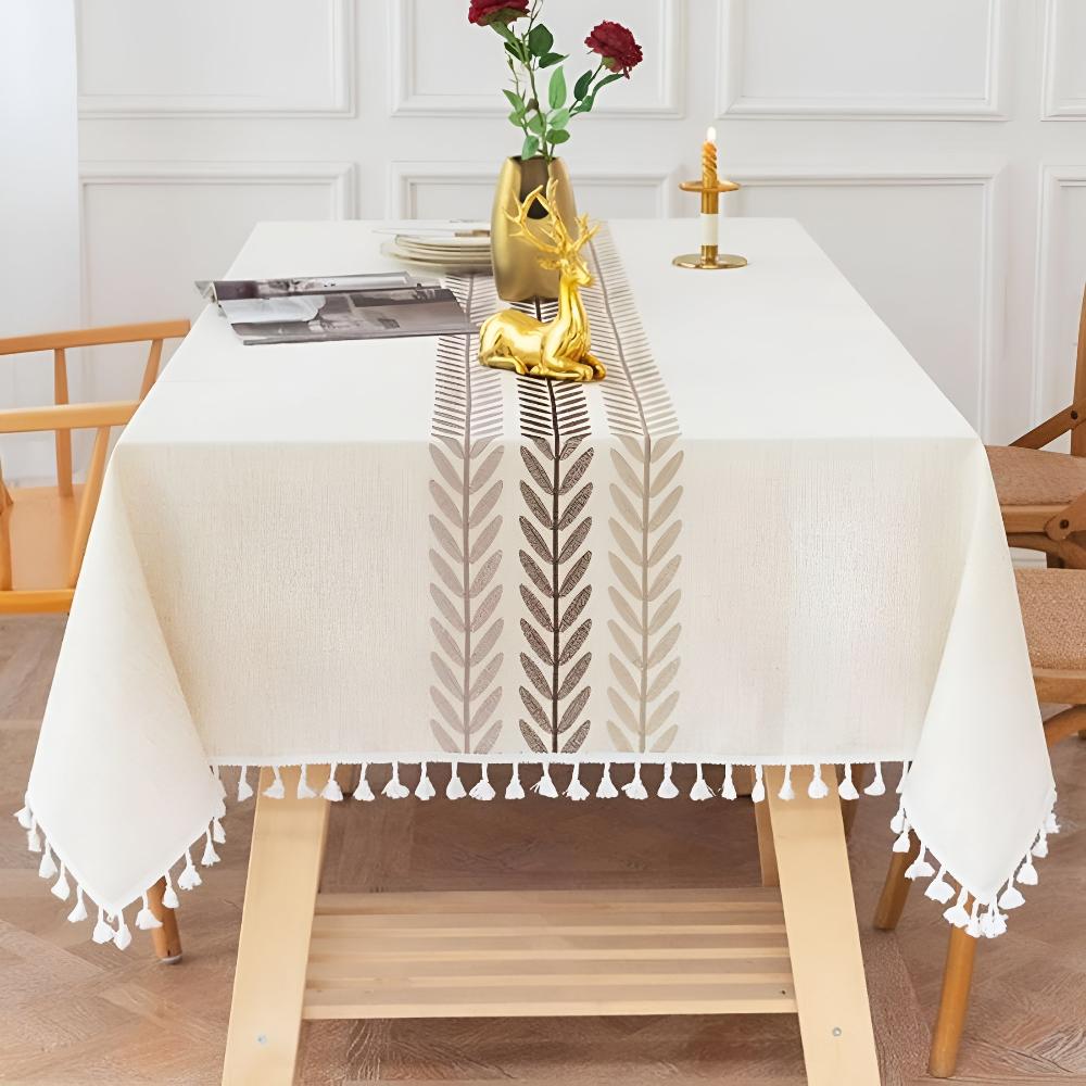 Embroidered Tablecloth with Elegant Leaf Design-Covers & Textiles > Table Cloths-casanuva-casanuva