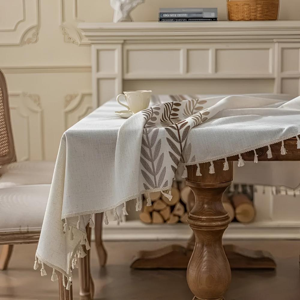 Embroidered Tablecloth with Elegant Leaf Design-Covers & Textiles > Table Cloths-casanuva-casanuva