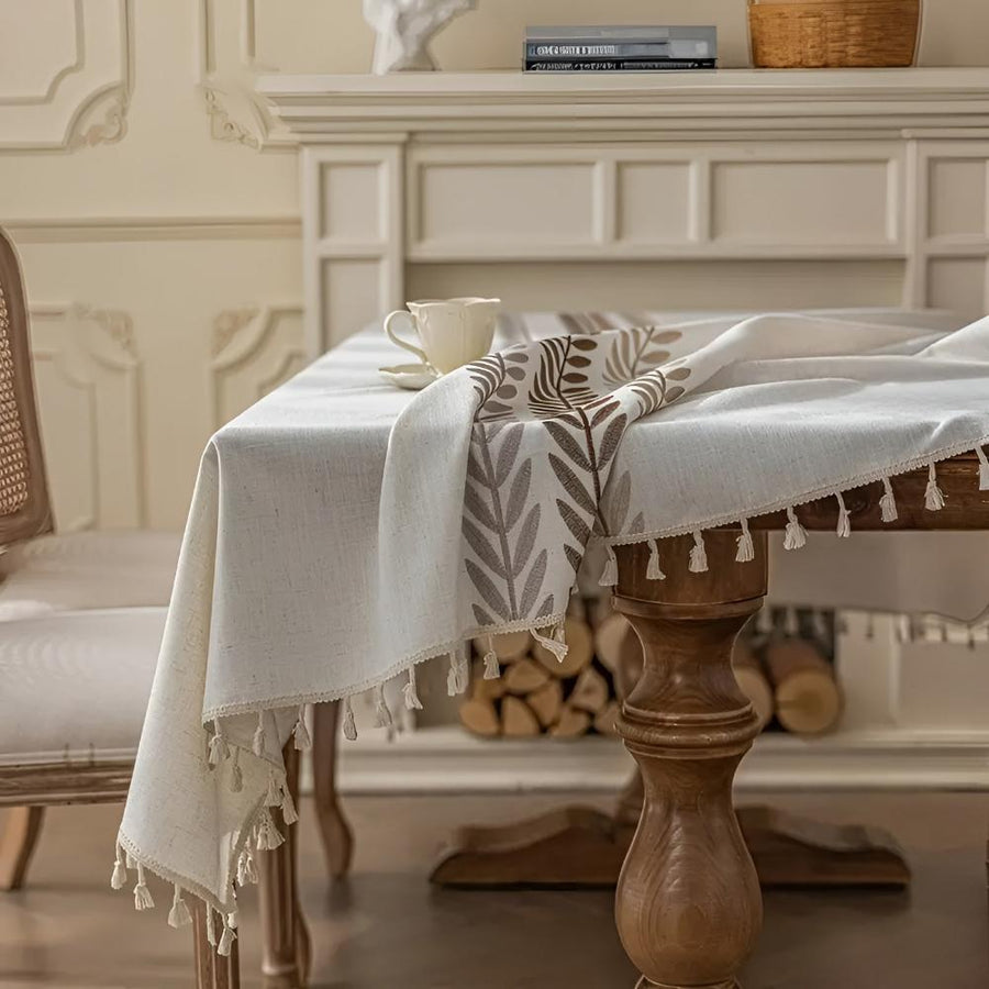 Embroidered Tablecloth with Elegant Leaf Design-Covers & Textiles > Table Cloths-casanuva-casanuva