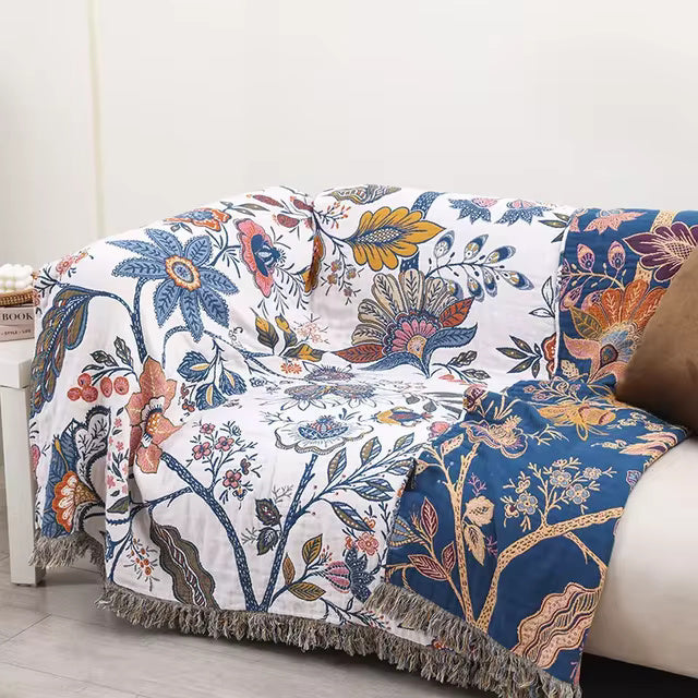 Floral Cotton Blanket 100% Natural Rustic Design-Bedding & Bath > Blankets-casanuva-casanuva