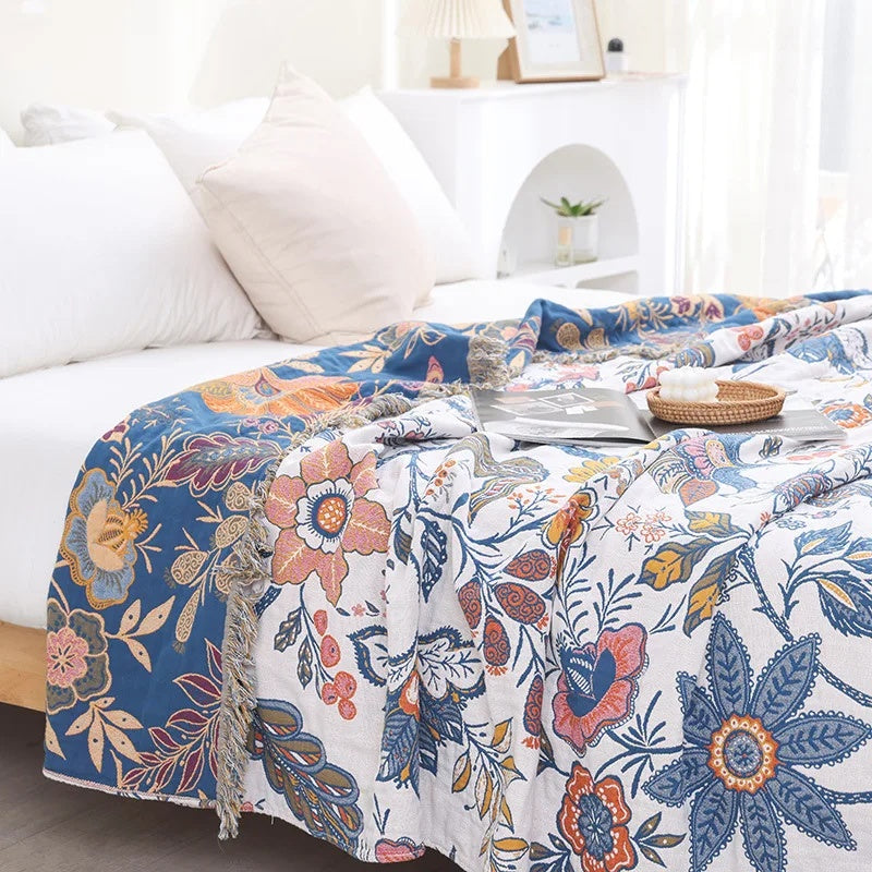Floral Cotton Blanket 100% Natural Rustic Design-Bedding & Bath > Blankets-casanuva-59"x79"-casanuva