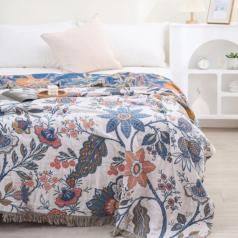 Floral Cotton Blanket 100% Natural Rustic Design-Bedding & Bath > Blankets-casanuva-casanuva