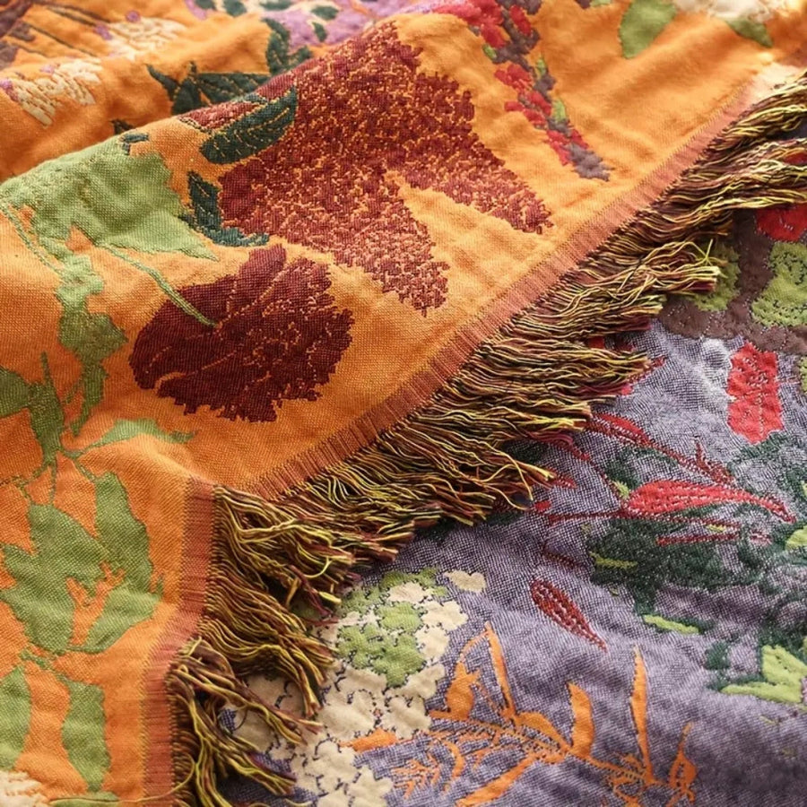 Floral Cotton Tassel Blanket-Bedding & Bath > Blankets-casanuva-casanuva