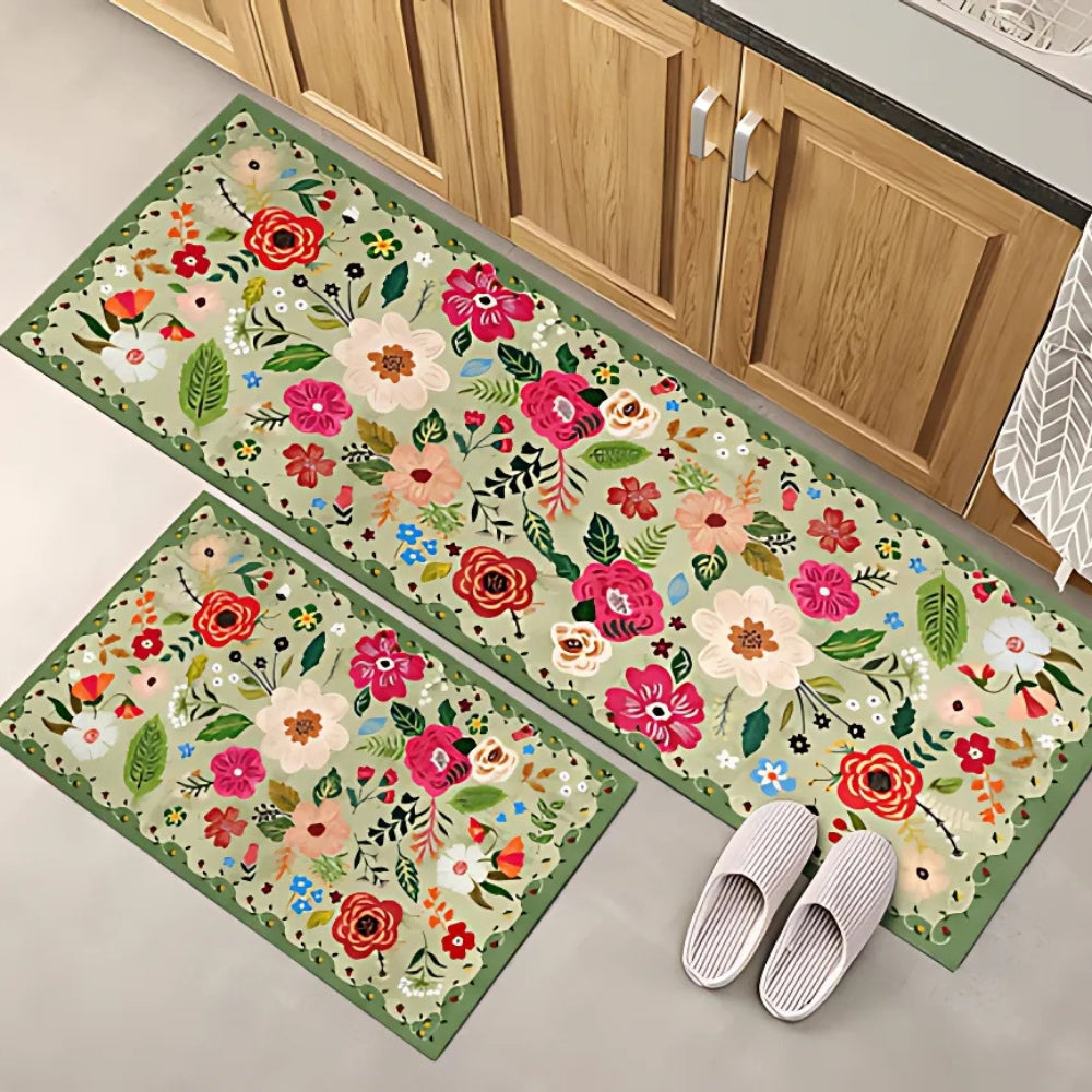 Floral Kitchen Mat Set Boho Style Meadow Design-Kitchen & Dining > Kitchen Mats-casanuva-Sage Bloom-40cmx60cmx40cmx120cm-casanuva