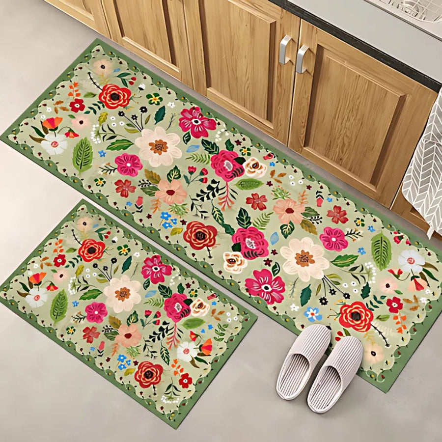 Floral Kitchen Mat Set Boho Style Meadow Design-Kitchen & Dining > Kitchen Mats-casanuva-Sage Bloom-40cmx60cmx40cmx120cm-casanuva