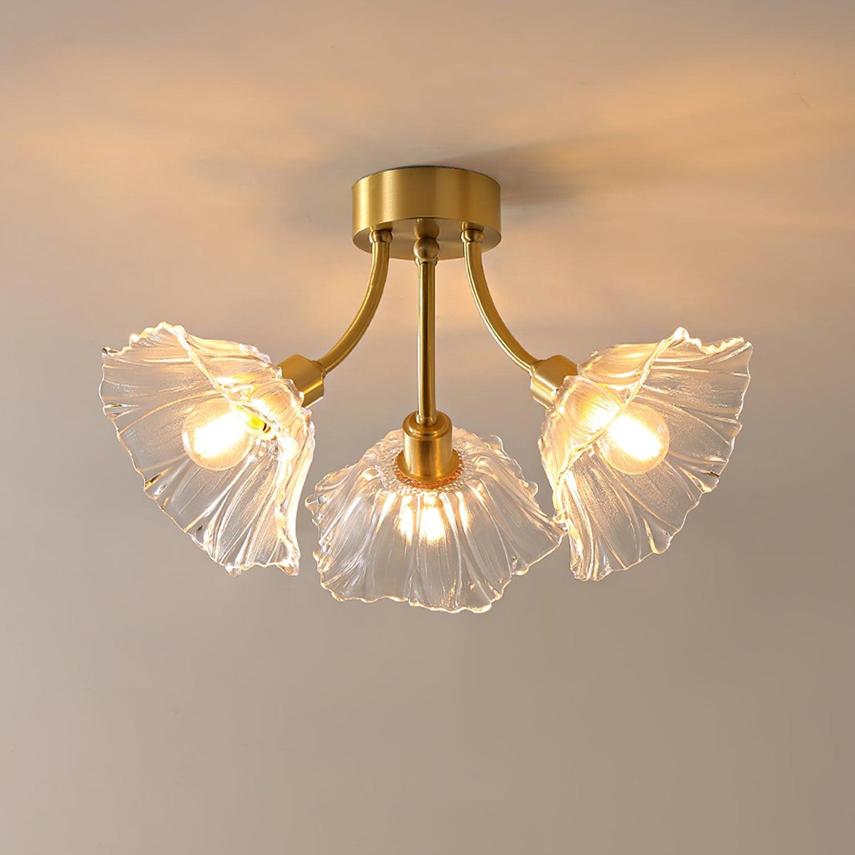 Flower Glass Ceiling Lamp-Lighting > Ceiling Lights-casanuva-3 heads 17.8" x H 10.6"-Brass & Clear-casanuva