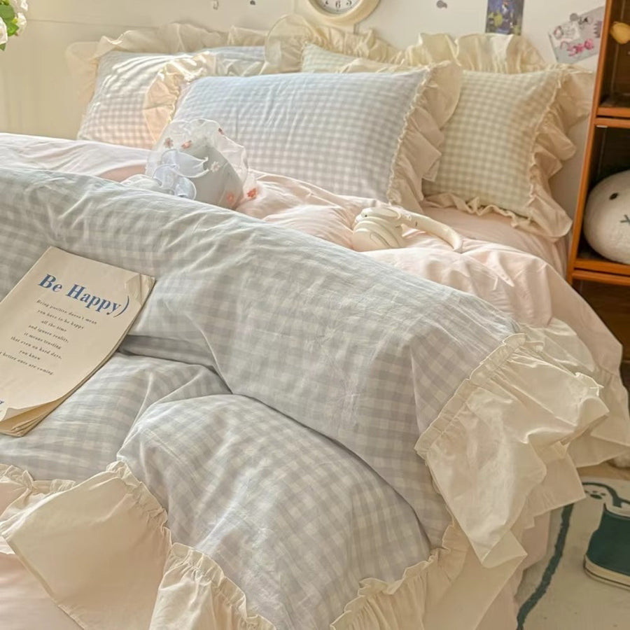 Gingham Check Ruffled Edge Bedding Set-Bedding & Bath > Bedding Sets-casanuva-casanuva