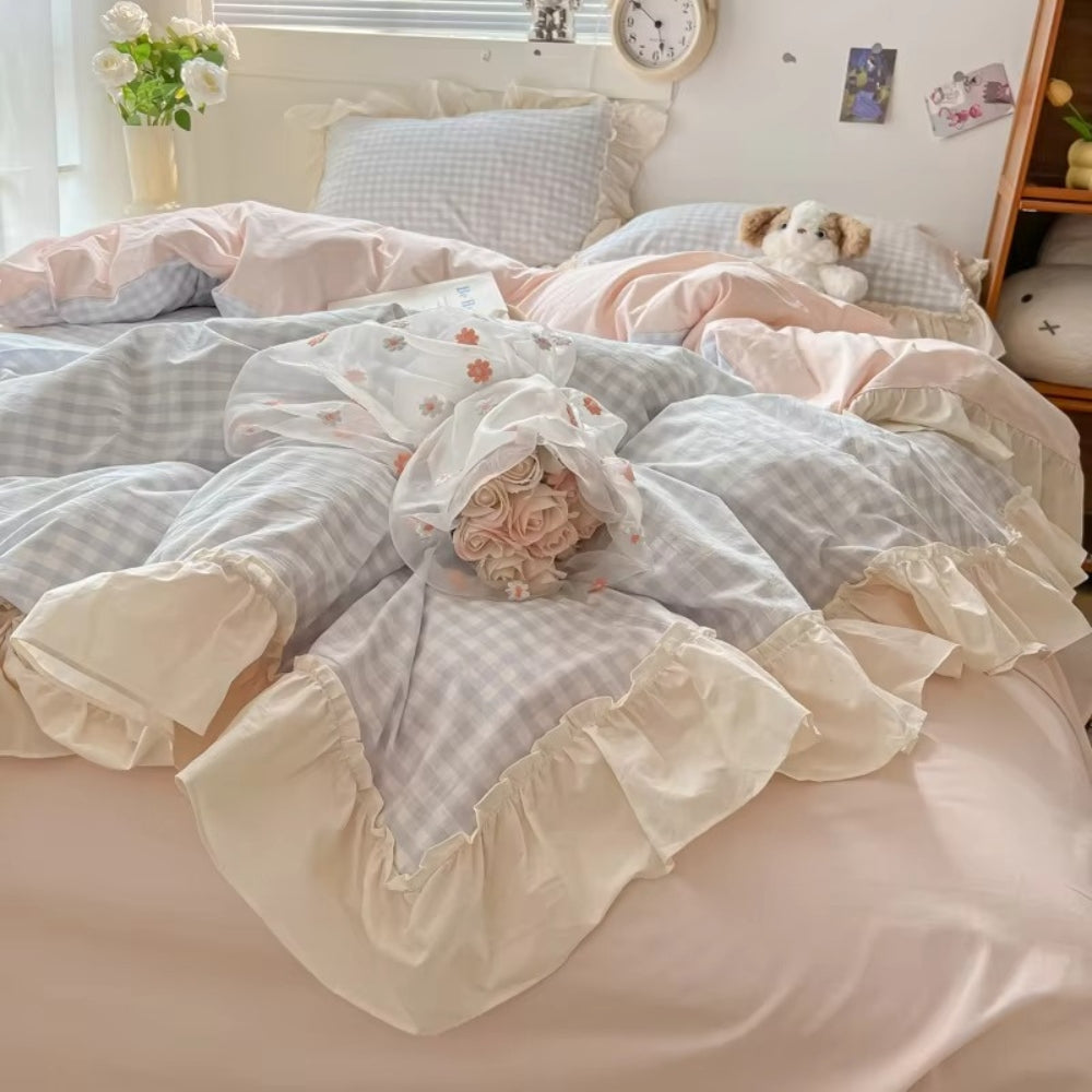 Gingham Check Ruffled Edge Bedding Set-Bedding & Bath > Bedding Sets-casanuva-casanuva