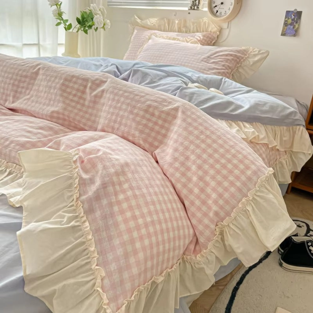 Gingham Check Ruffled Edge Bedding Set-Bedding & Bath > Bedding Sets-casanuva-Blush Gingham-Twin-casanuva