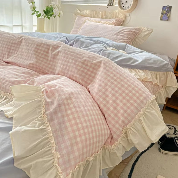 Gingham Check Ruffled Edge Bedding Set-Bedding & Bath > Bedding Sets-casanuva-Blush Gingham-Twin-casanuva