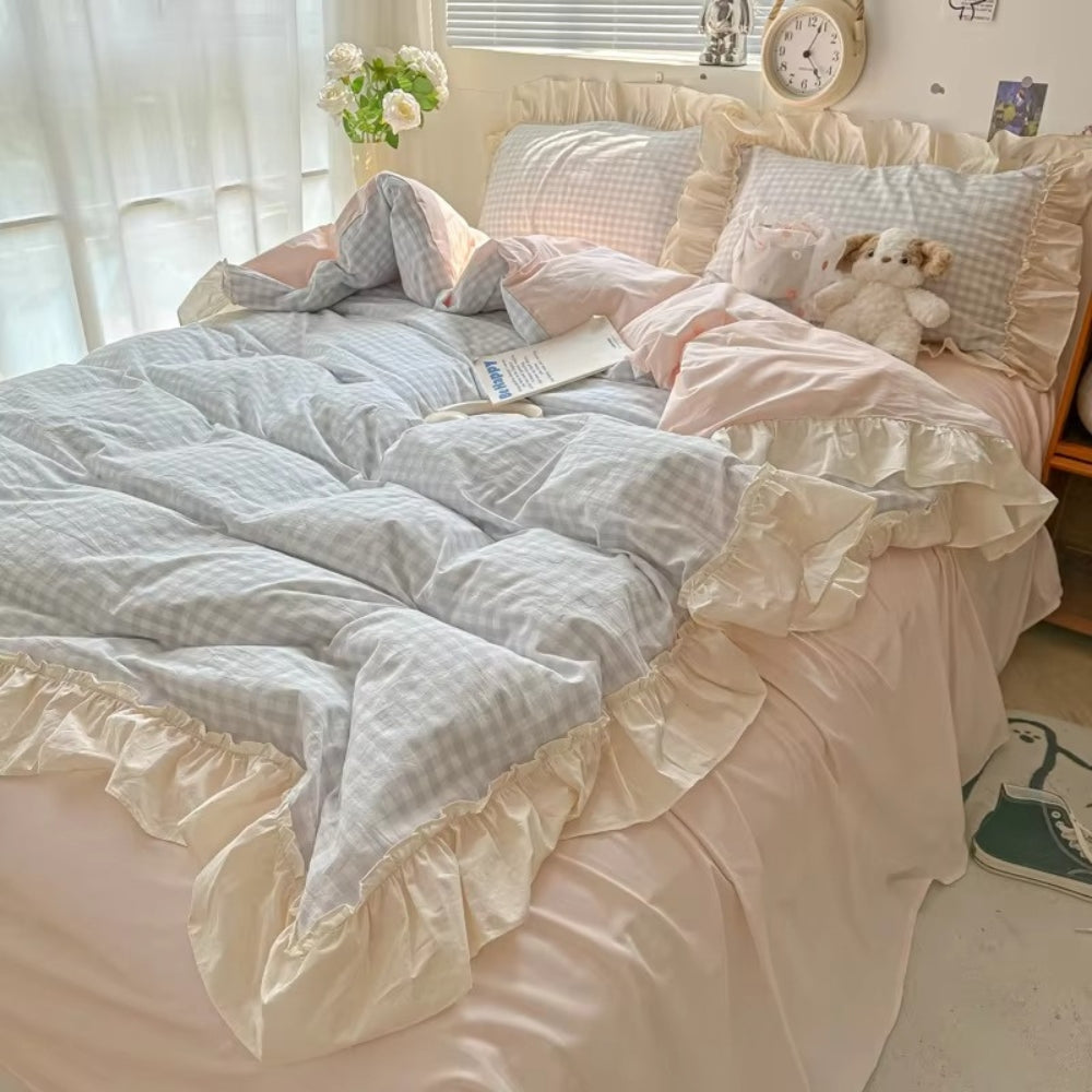 Gingham Check Ruffled Edge Bedding Set-Bedding & Bath > Bedding Sets-casanuva-Sky Gingham-Twin-casanuva