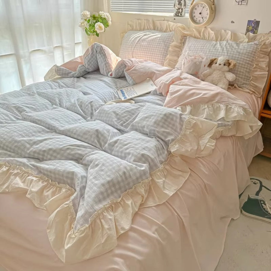 Gingham Check Ruffled Edge Bedding Set-Bedding & Bath > Bedding Sets-casanuva-Sky Gingham-Twin-casanuva