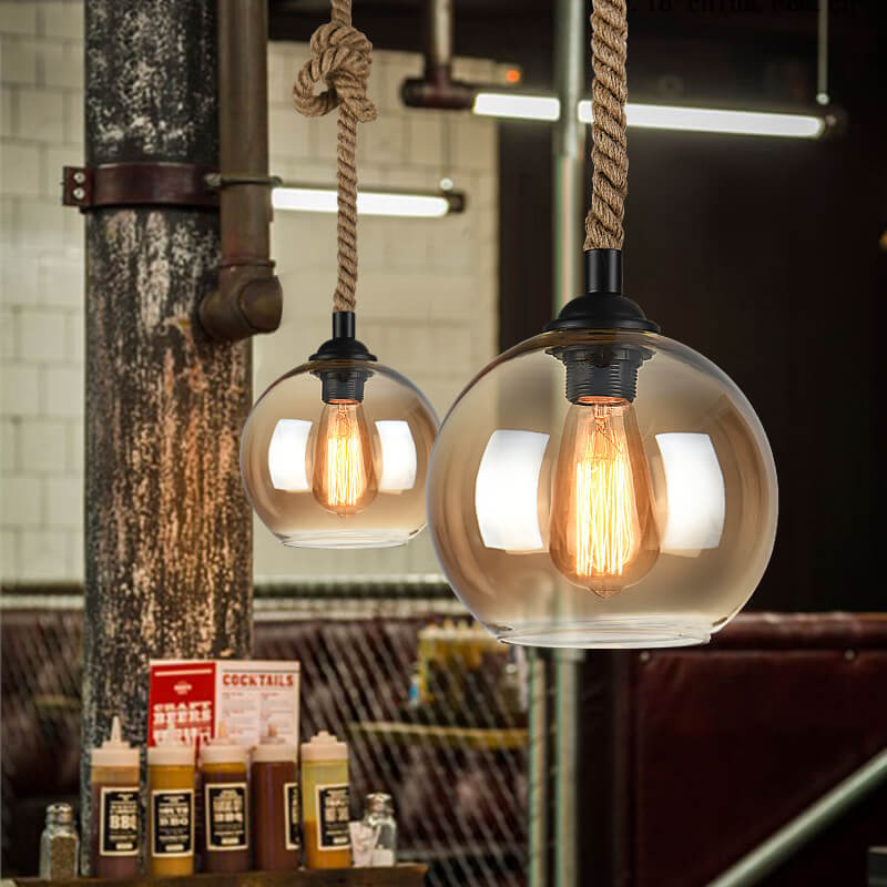 Glass Globe Pendant Light with Retro Rope Hanging Design-Lighting > Pendant Lights-casanuva-casanuva