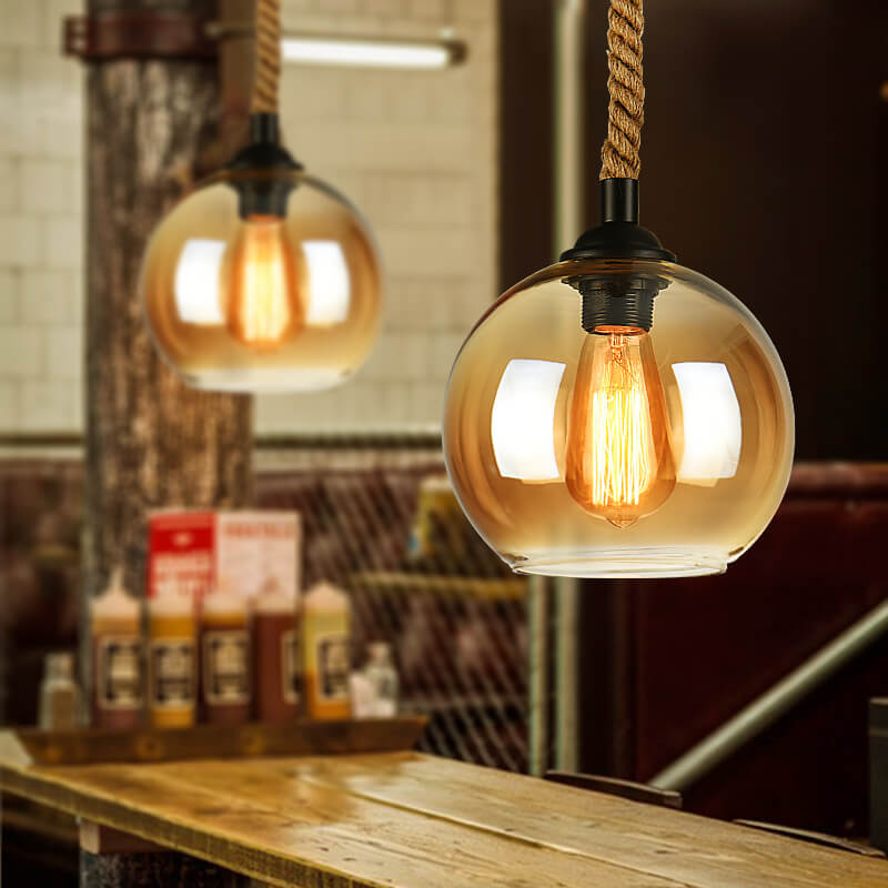 Glass Globe Pendant Light with Retro Rope Hanging Design-Lighting > Pendant Lights-casanuva-7.87''-Amber-100V-120V-casanuva