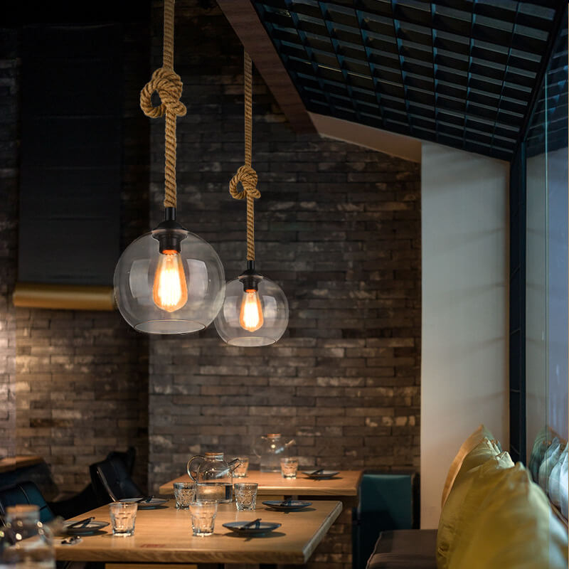 Glass Globe Pendant Light with Retro Rope Hanging Design-Lighting > Pendant Lights-casanuva-7.87''-Clear-100V-120V-casanuva