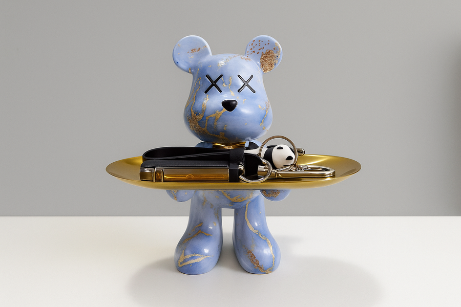 Graffiti Bear Ornament with Gold Tray Tabletop Figure-Home Decor > Figurines-casanuva-Blue-L 10x12x21cm-casanuva