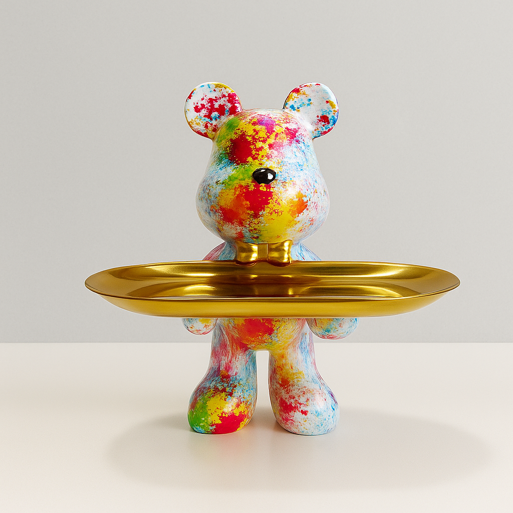 Graffiti Bear Ornament with Gold Tray Tabletop Figure-Home Decor > Figurines-casanuva-Orange-L 10x12x21cm-casanuva
