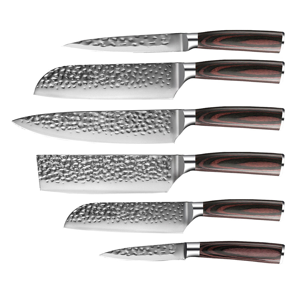 Hammered Stainless Steel Knife Set with Acacia Magnetic Holder 6 Pieces-Kitchen & Dining > Knives-casanuva-casanuva