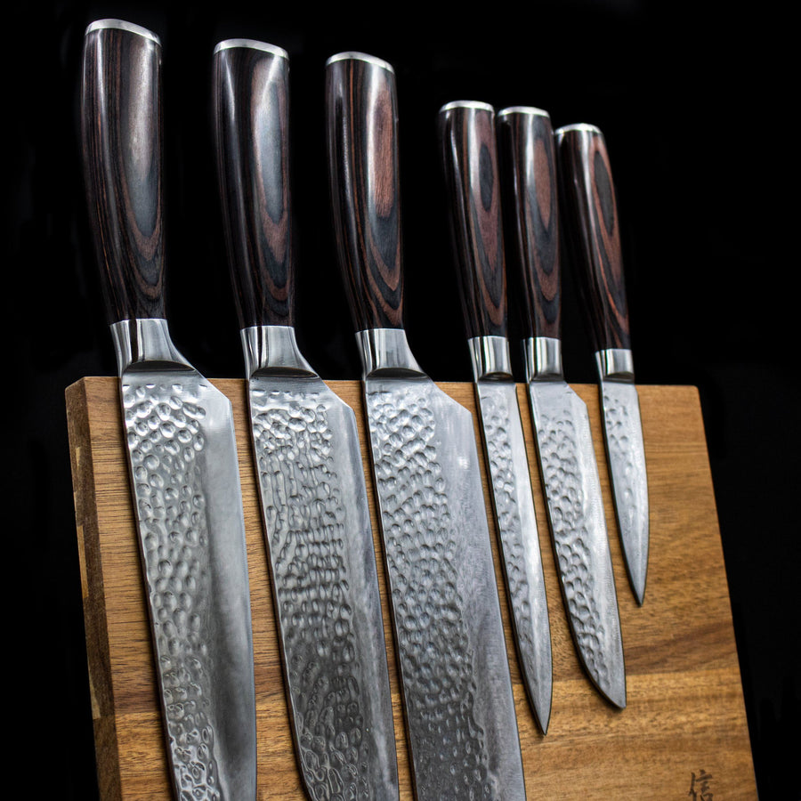 Hammered Stainless Steel Knife Set with Acacia Magnetic Holder 6 Pieces-Kitchen & Dining > Knives-casanuva-casanuva