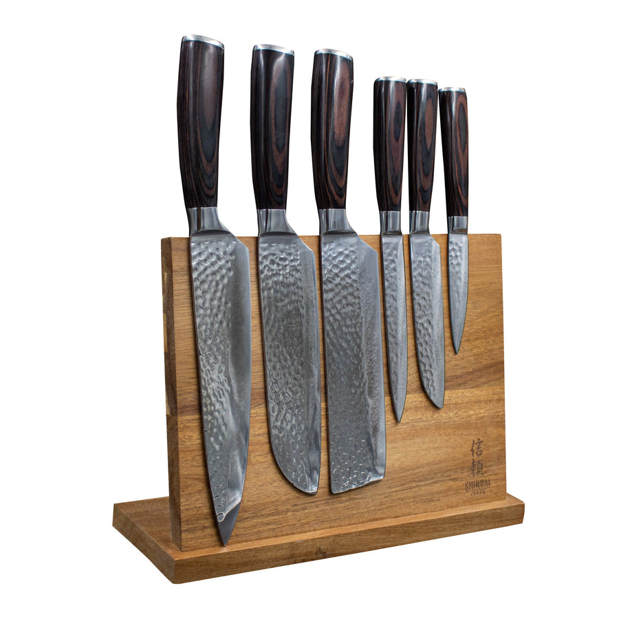 Hammered Stainless Steel Knife Set with Acacia Magnetic Holder 6 Pieces-Kitchen & Dining > Knives-casanuva-casanuva