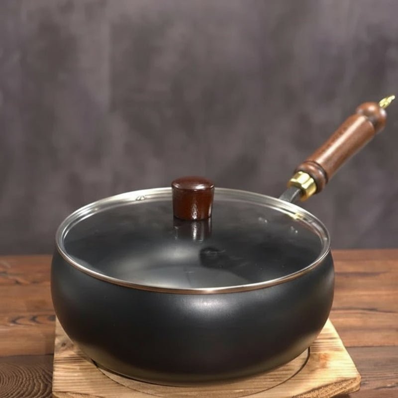 Hand-Forged Iron Pan with Wooden Handle and Optional Lid 24cm 28cm-Kitchen & Dining > Cookware-casanuva-24 cm with glass lid-casanuva